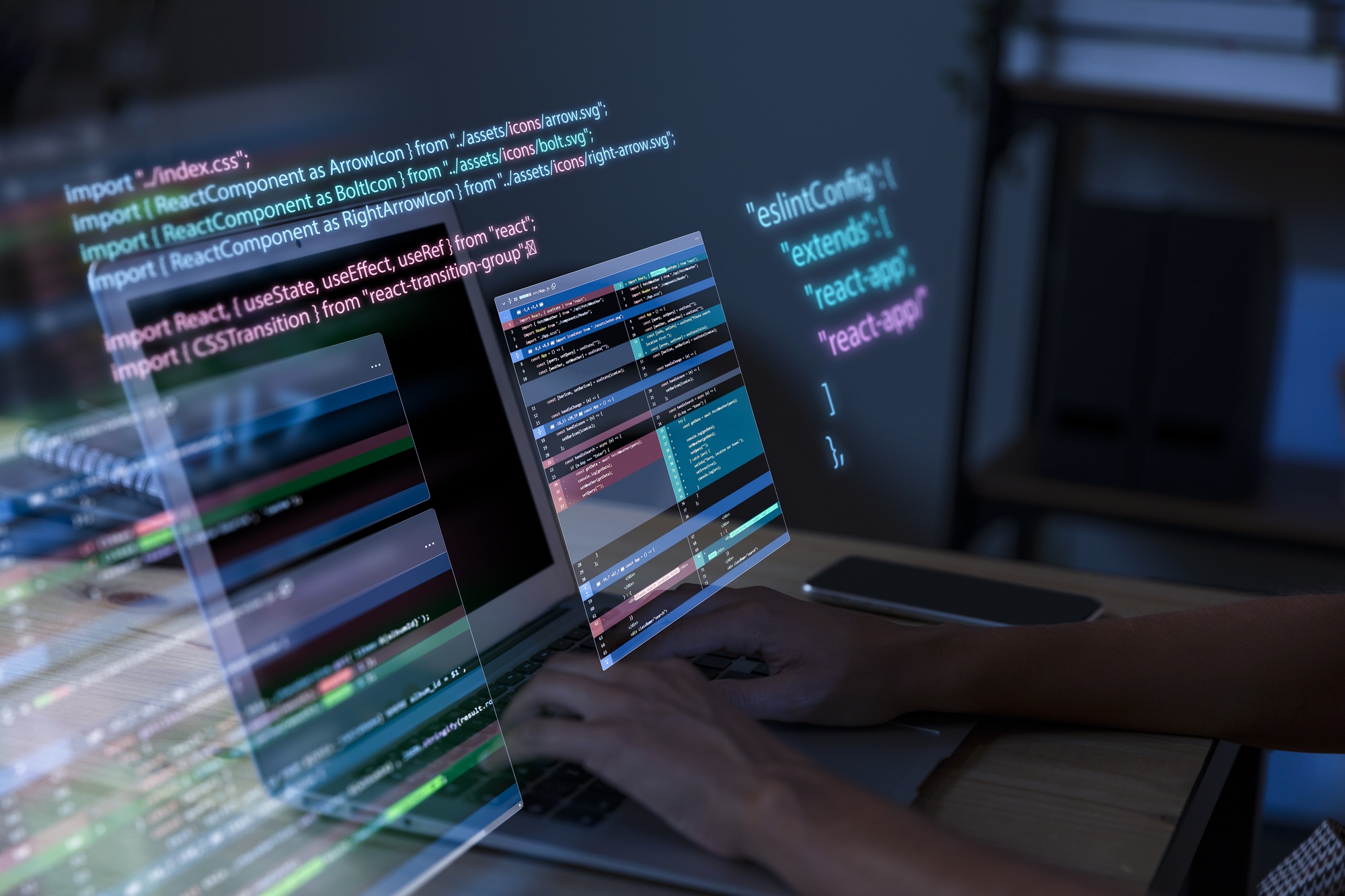 Developer working with code on multiple screens, representing the new features and reactivity improvements in Angular v20.