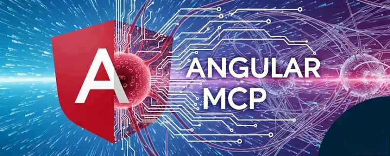 Angular MCP poster showing AI-assisted development and server support concept with digital network background
