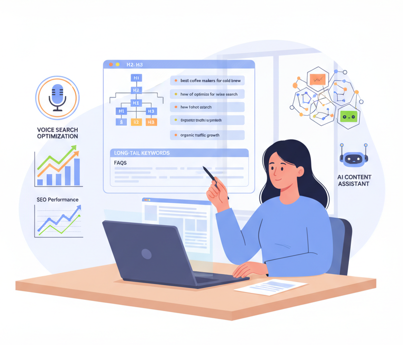 Woman working on laptop with AI content assistant, voice search optimization, SEO performance charts, and keyword research tools displayed on screen.