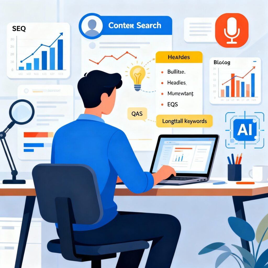 Digital marketer analyzing SEO and Answer Engine Optimization strategies with graphs, long-tail keywords, headings, AI, and voice search integration.