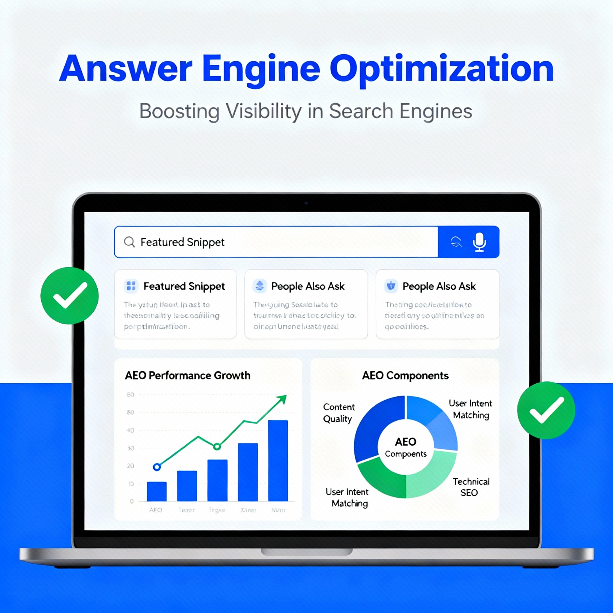 Laptop screen showing Answer Engine Optimization dashboard with featured snippets, people also ask results, performance growth graph, and AEO components chart.