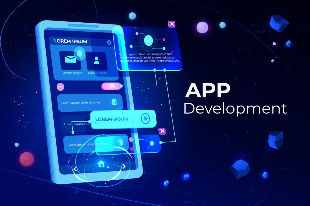 "Futuristic app development concept showing smartphone interface with glowing UI/UX design elements."