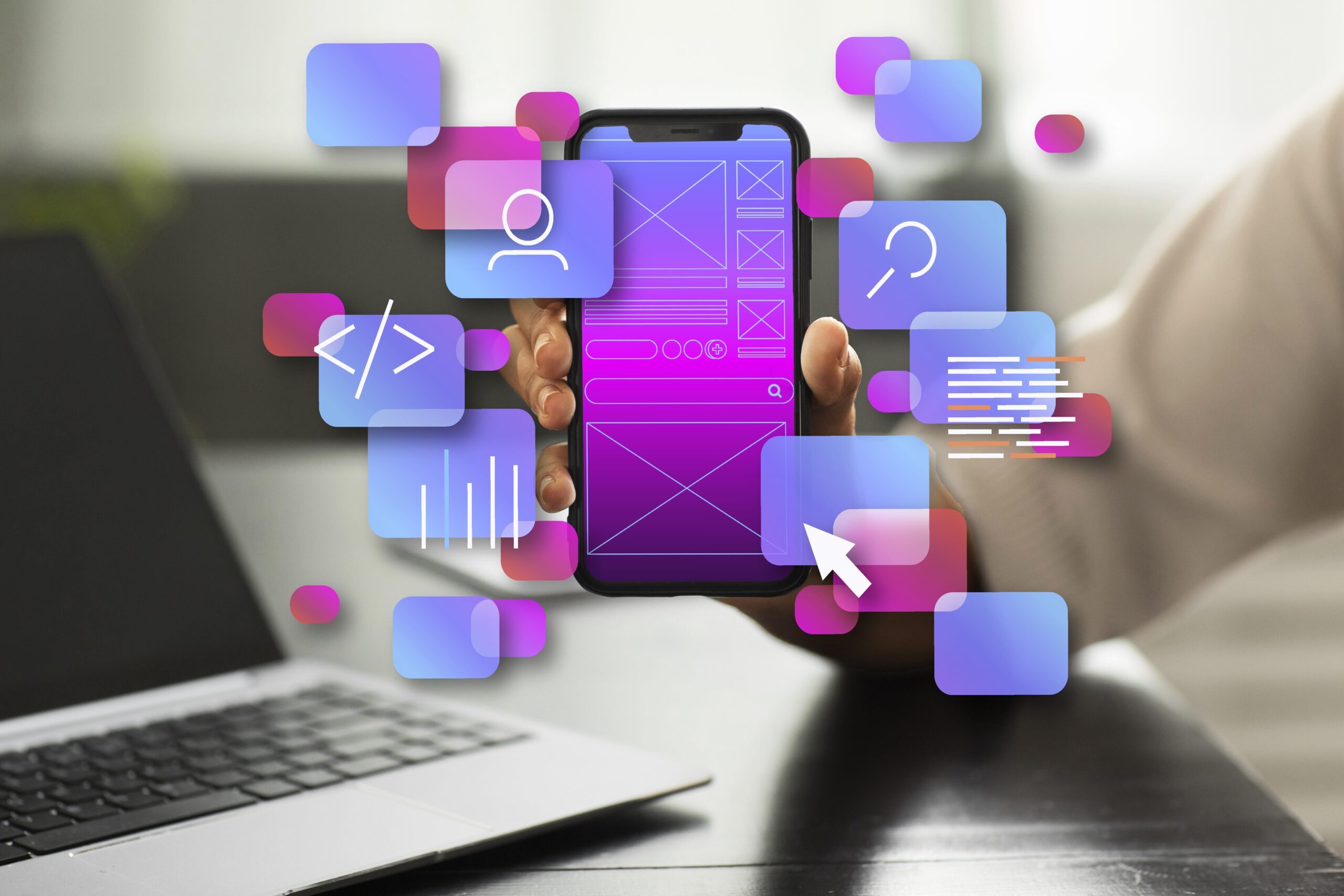 "Hand holding a smartphone with wireframe UI design surrounded by floating app development and coding icons."