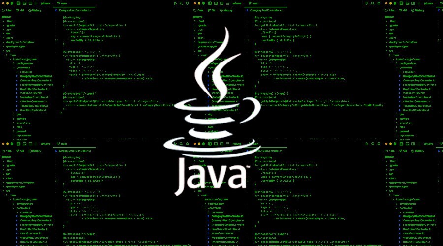 Java logo over dark-themed code editor with green syntax lines representing Java programming.